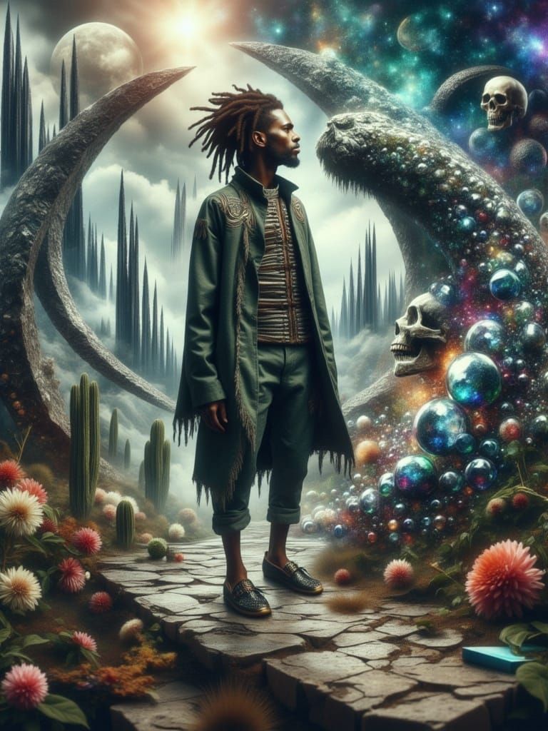 Cyberpunk Figure Amidst Multidimensional Object