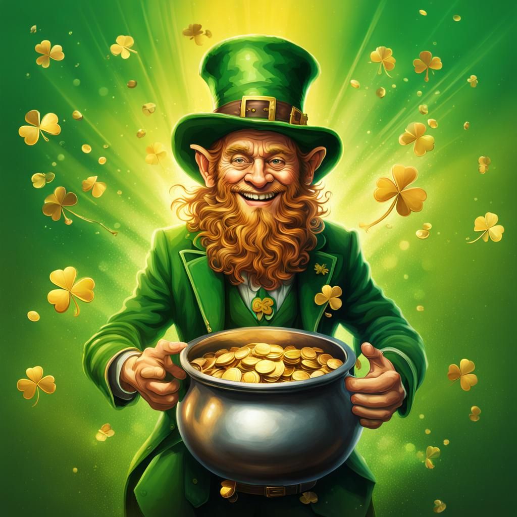 Leprechaun holding a pot of gold, with a four leaf clover in...