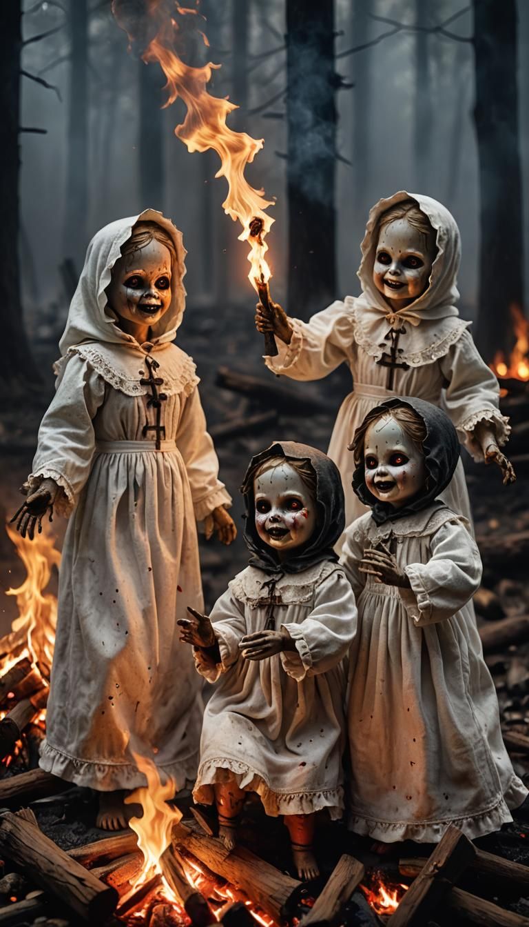 Three vintage baby dolls with cracked faces and glowing red eyes, wearing long  dirty white vintage night gowns are dancing around a campfir...