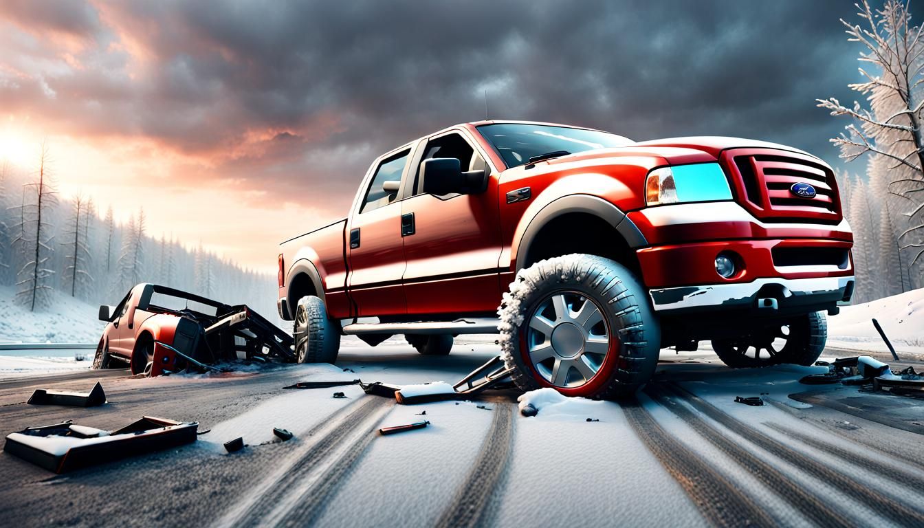 Wrecked 2006 Ford F-150 In a car pileup on an abandoned free...