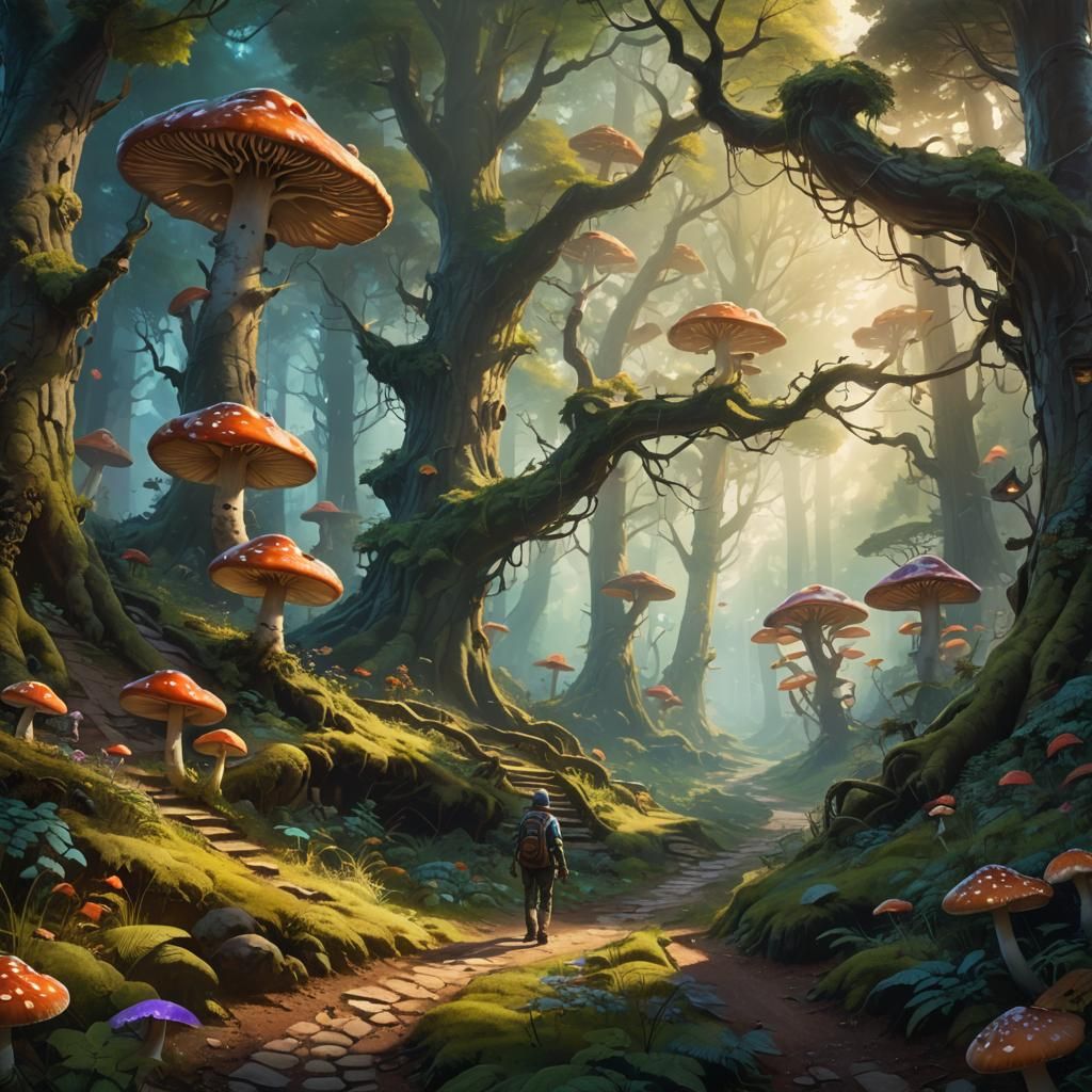 Mystical Forest Landscape with Traveler, Oil Painting