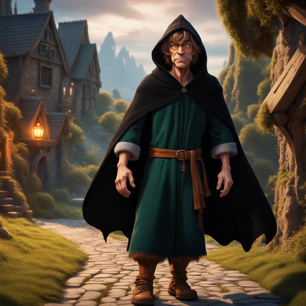 older Shaggy from Scooby Doo as a halfling, wearing a  black...