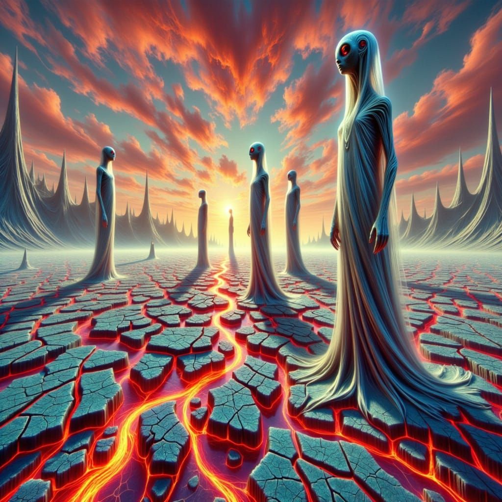 <lora:-Slender World-:1.0> tall slender alien creatures in the distance with an endless view of alien landscape