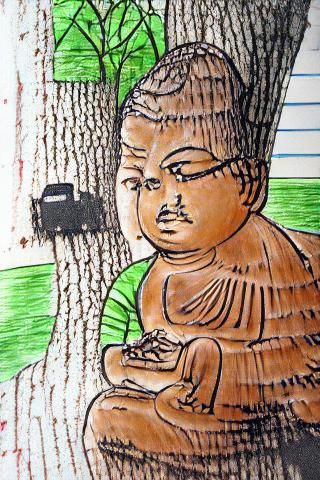 Buddha sitting under a tree child's drawing woodcut ink draw...