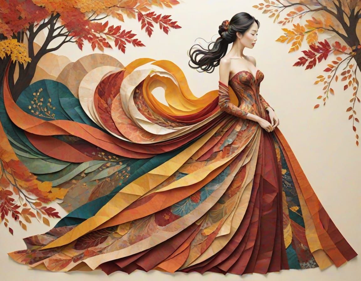 Collage Art: Woman in Flowing Autumn Gown