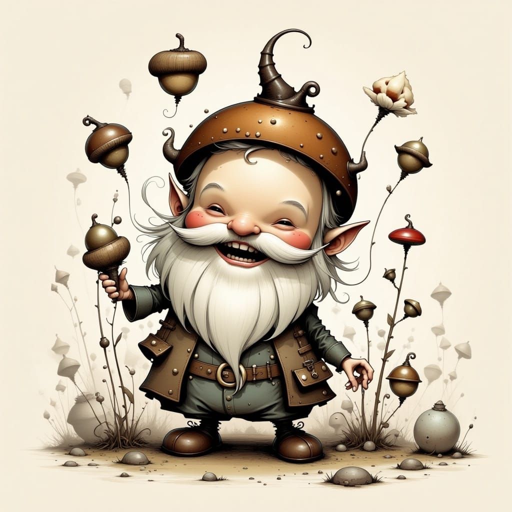 <lora:cuteNcreepy Flux:1.0>  A cute little gnome with an acorn helmet, illustration, heavy lines, by Alexander Jansson