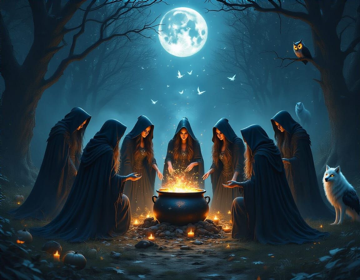 A coven of witches gathered in a moonlit clearing, their cloaks woven from shadows and starlight. They are performing a ritual around a caul...