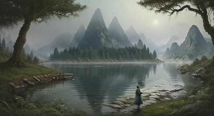 Misty Riverbank Landscape in Romantic Style