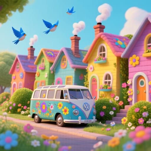 A row of whimsical colorful houses I'll bunched together with cute little flowers and bushes all over smoking chimneys and little blue birds...