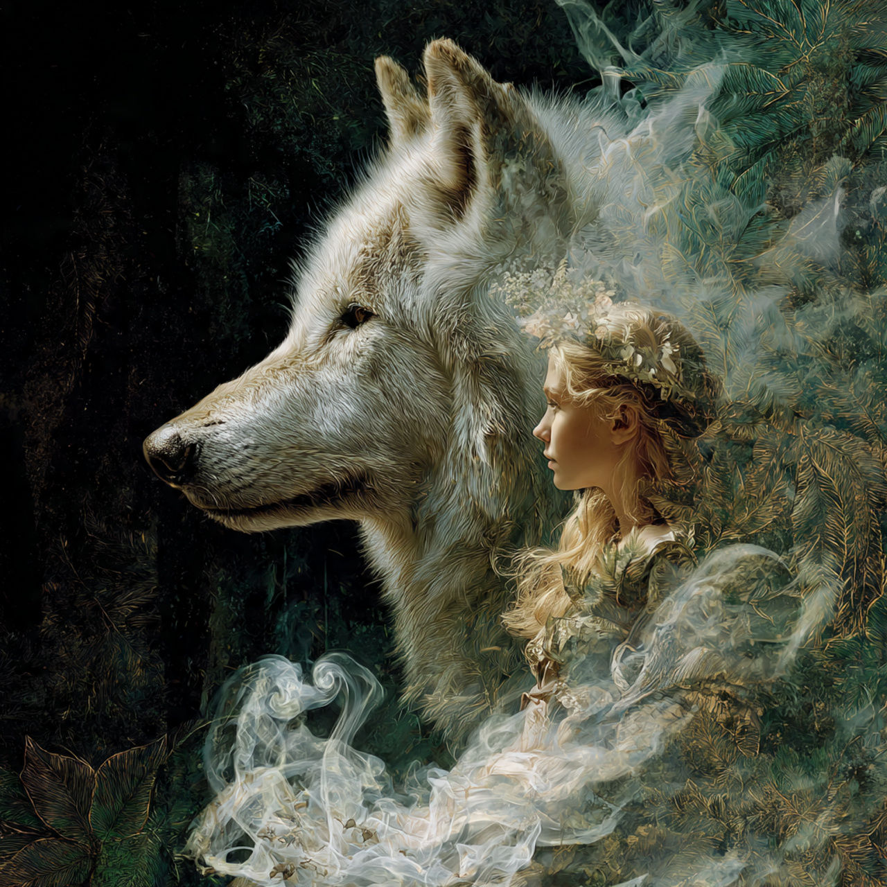 Sketch of a wolf and a woman fantasy