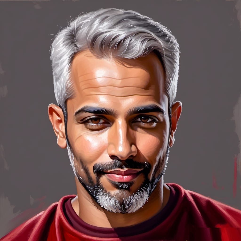 A handsome grey-haired man wearing a red sweater