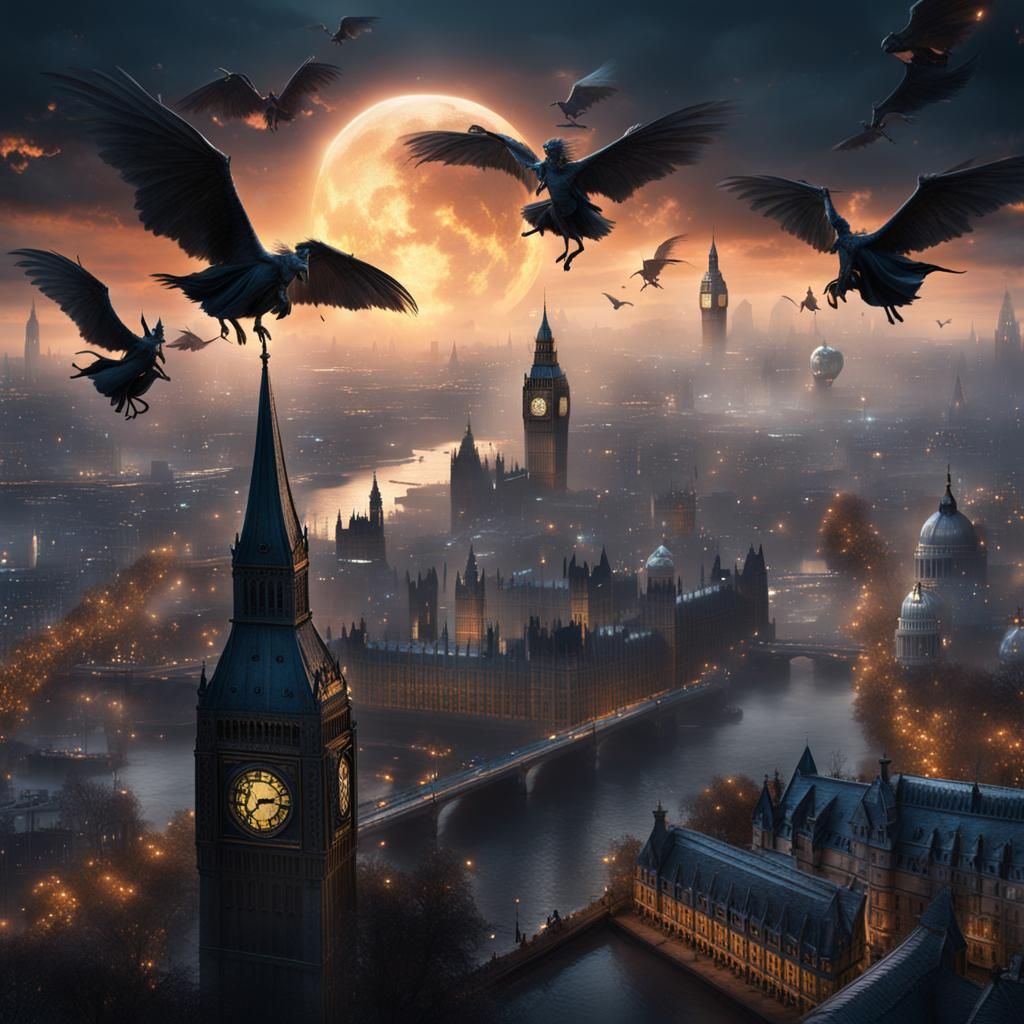 Witches flying on brooms above London