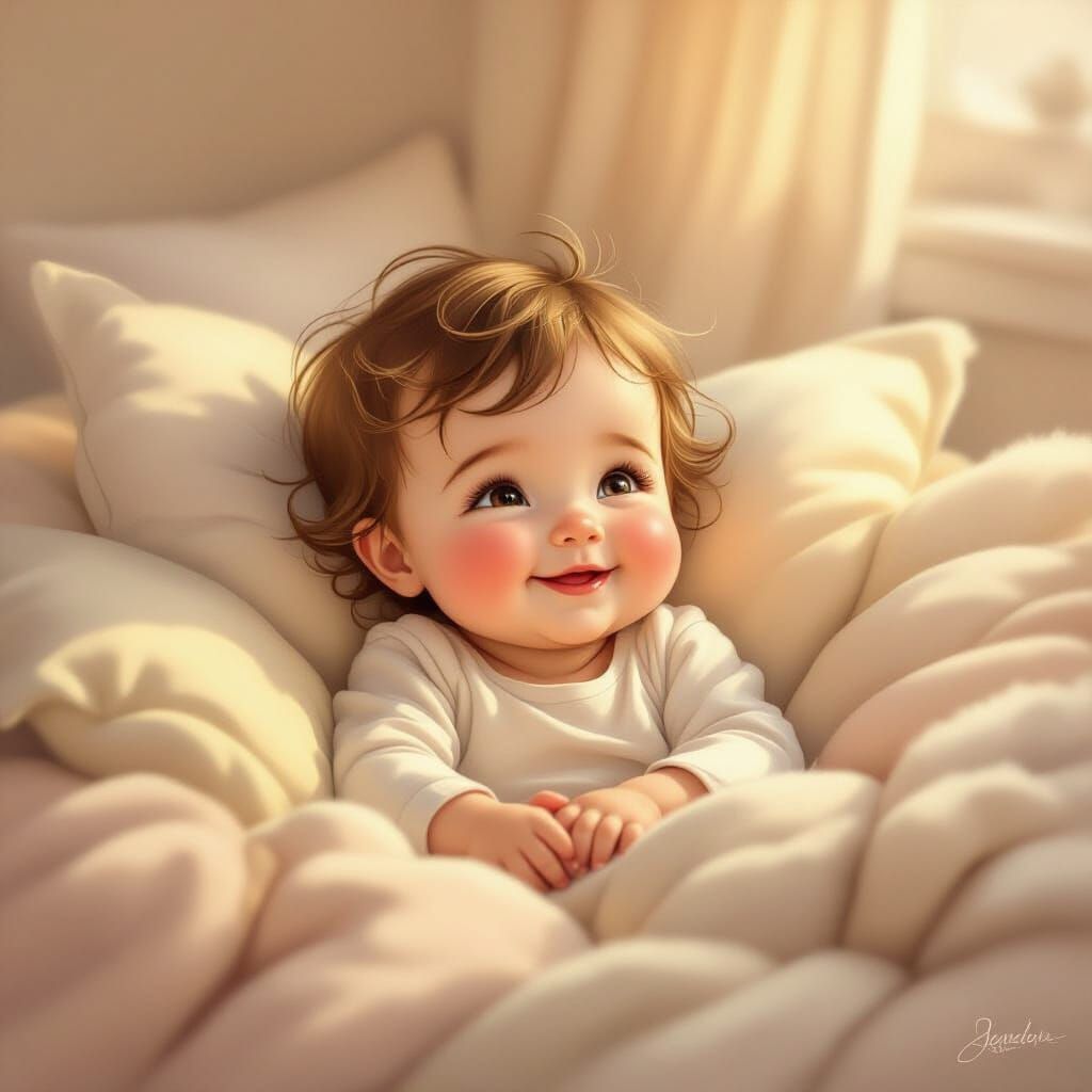 Cute Baby Smiling Softly in Fluffy Pillows