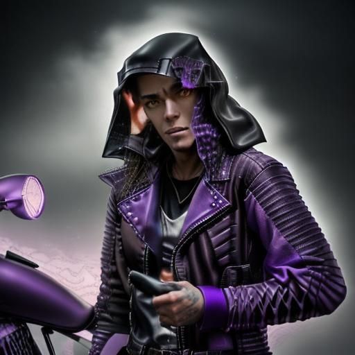 Dark <lora:Dark---Ghost Rider:1.0> fantasy werewolf wearing a (Purple leather jacket:1.5), shrouded in a veil of cosmic mist