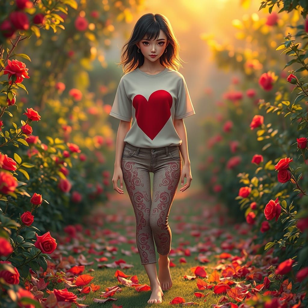 Elegant Woman Strolls Through Lush Garden in Vibrant 3D Anim...