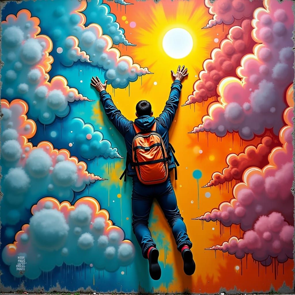 <lora:GraffitiPiece FL:1.0> A skydiver freefalling through the clouds, arms wide open as the sun glints off their parachute pack. spraypain...