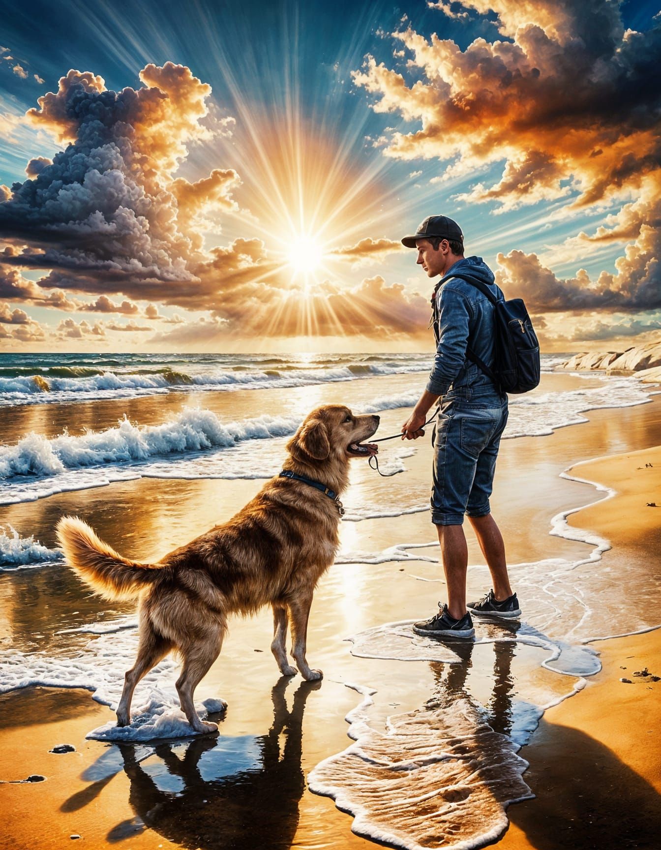 Seashore and a guy with a dog
