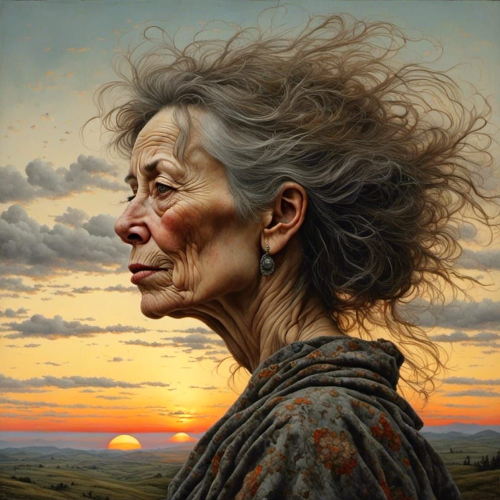 <lora:Hyperrealistic face:1.0> A middle-aged woman on a hill with sunset. Detailed face