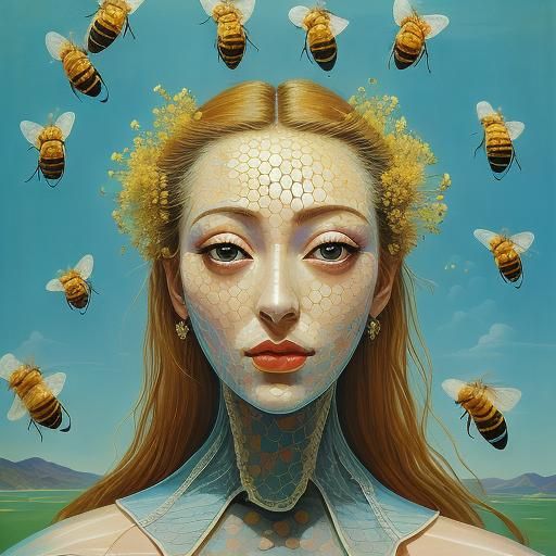 Bees Harvesting Honeycomb in Surrealist Style