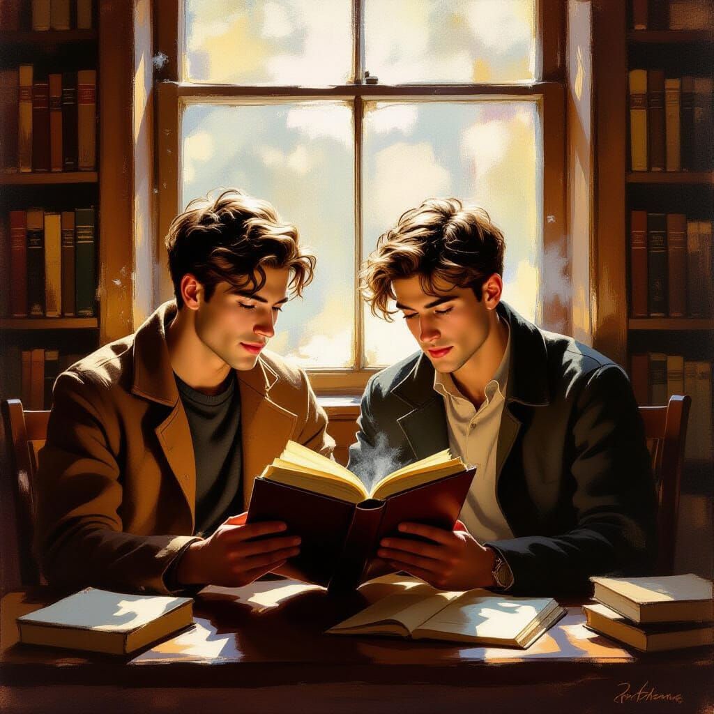 Two Men Reading in Sunlit Library, Oil on Canvas Style