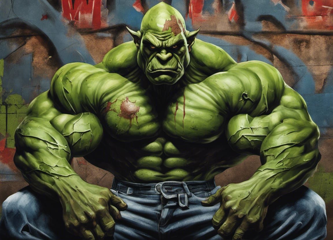 Bodybuilder Orc Squatting in Urban Graffiti Scene