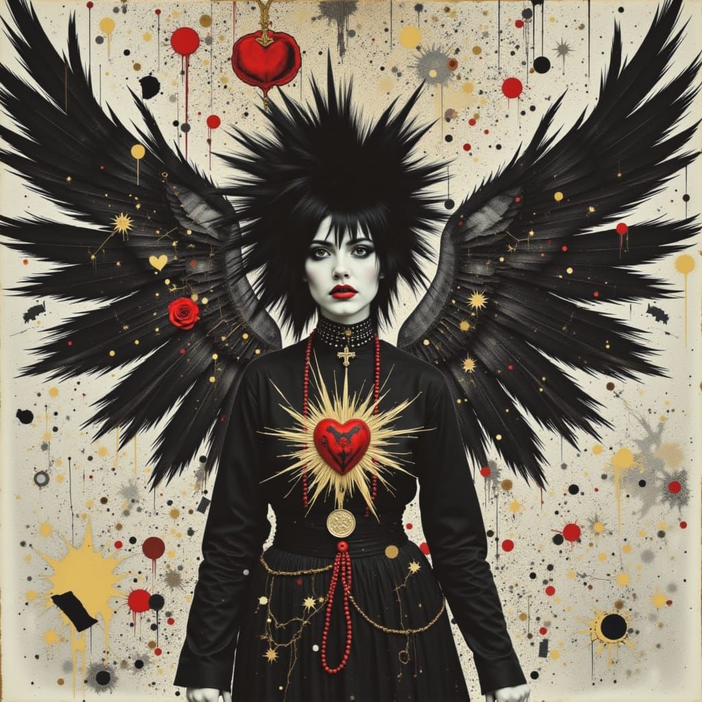 <lora:Hints of Red Gold:1.0>  Punk Faith,Create a black and white photogram-style  with geometric winged mode ,torn  paper collage inspired ...