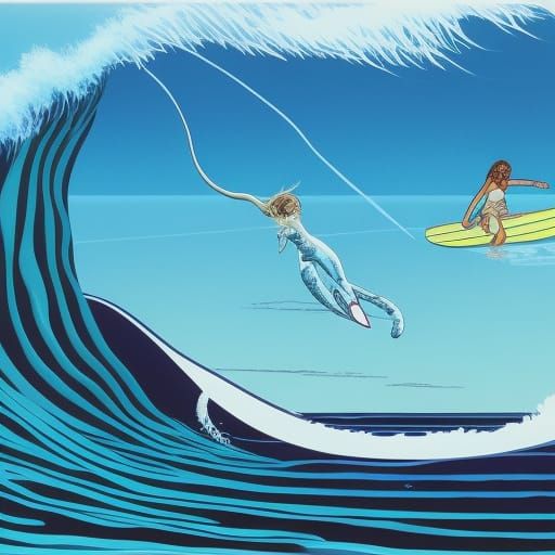 Surfer girl auroracore liminal space Moebius pop art airbrus...