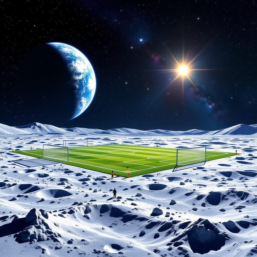 Lunar Soccer Field with Earth View, Hyperrealistic Digital A...