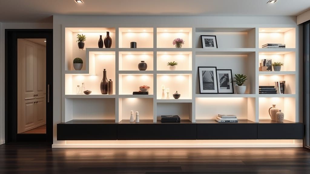 A photorealistic gypsum board shelf wall, integrated into a partition wall in a modern interior. 