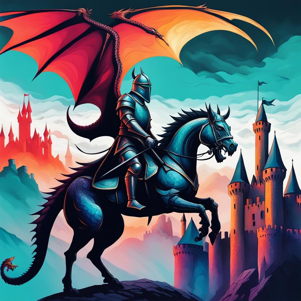 Dragon flying and knight on horse back with castle in back g...