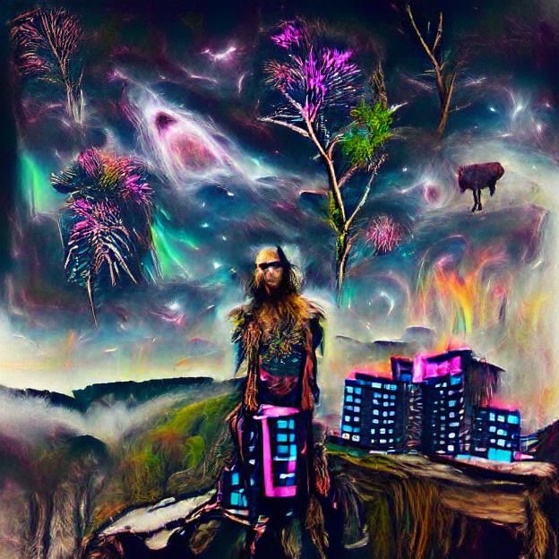 Lone druid overlooking a cyber punk city