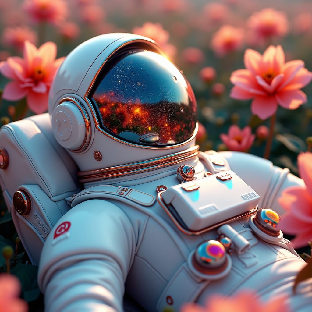 An astronaut lying in a garden of flowers. The universe is reflected in the visor.