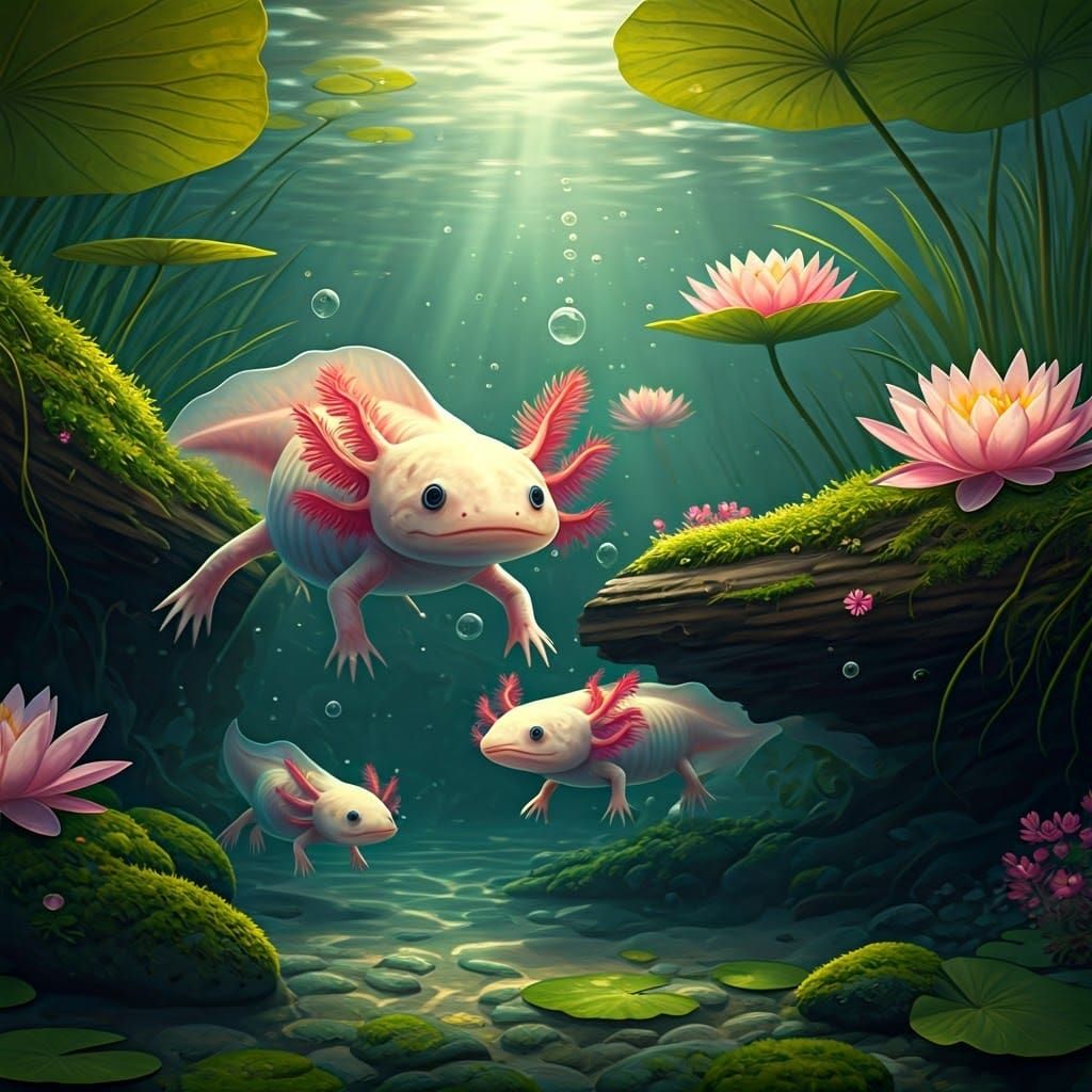 "A group of adorable, pastel-colored axolotls playing together under water in a crystal-clear pond, surrounded ...  by @Hippie Child