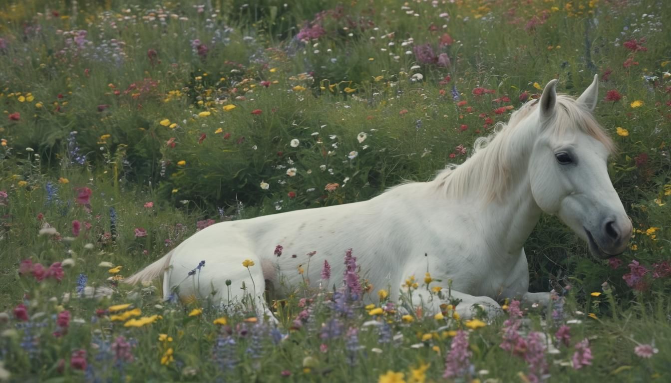 Stunning unicorn, sleeping in a meadow of wildflowers