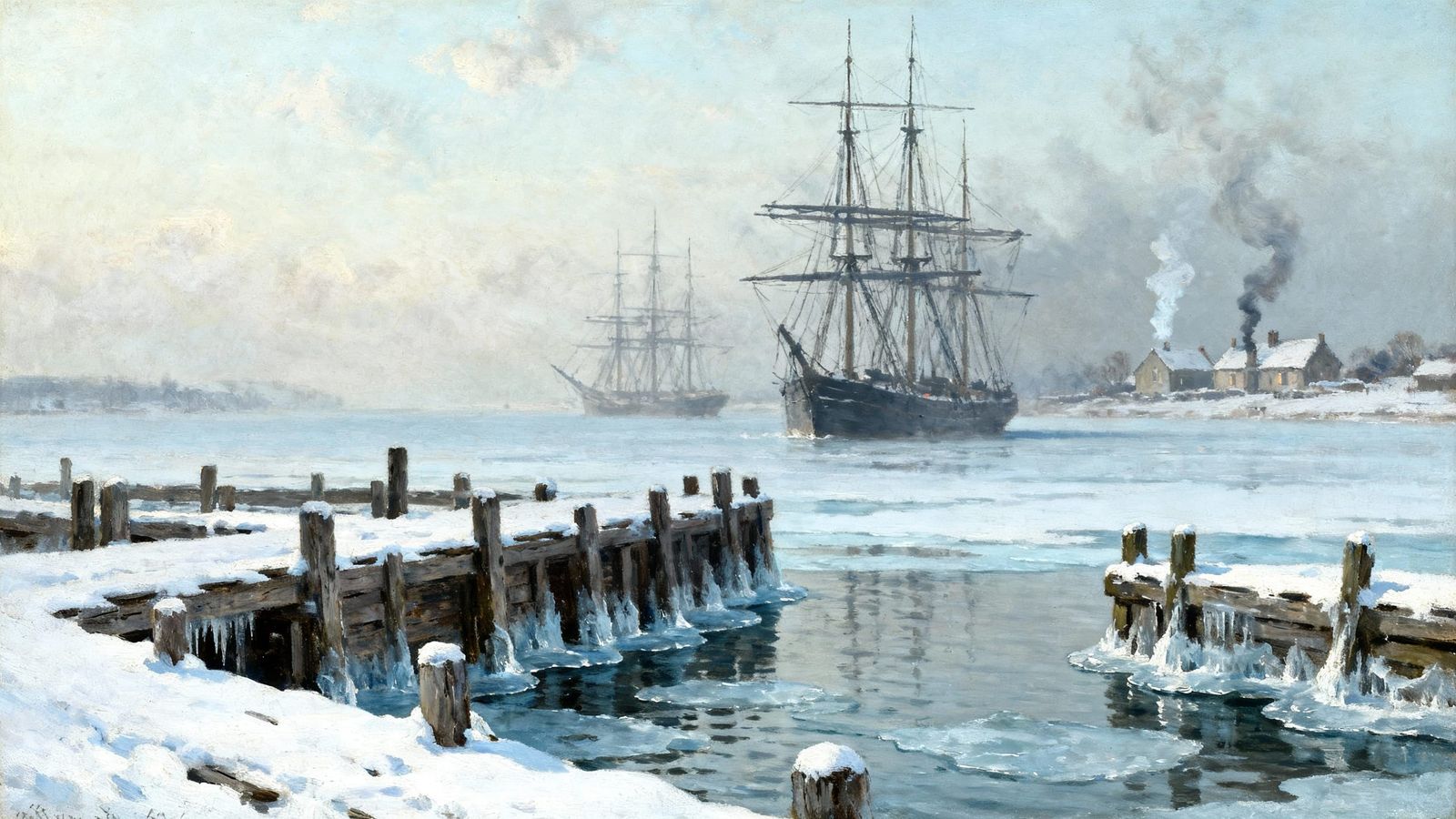 Winter scene at an 18th century English harbor.   by @DangerMouse