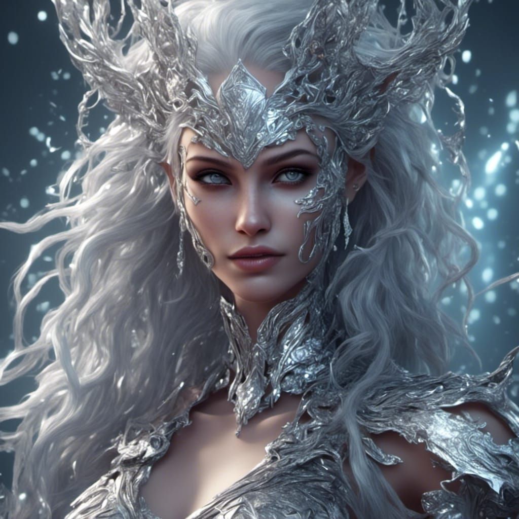 ((silver Hues))(alluring, smirk) (Detailed face, Metallic eyes, body shimmering )(Electric lighting) (Caught you watching me, ) <lora:Enjoym...