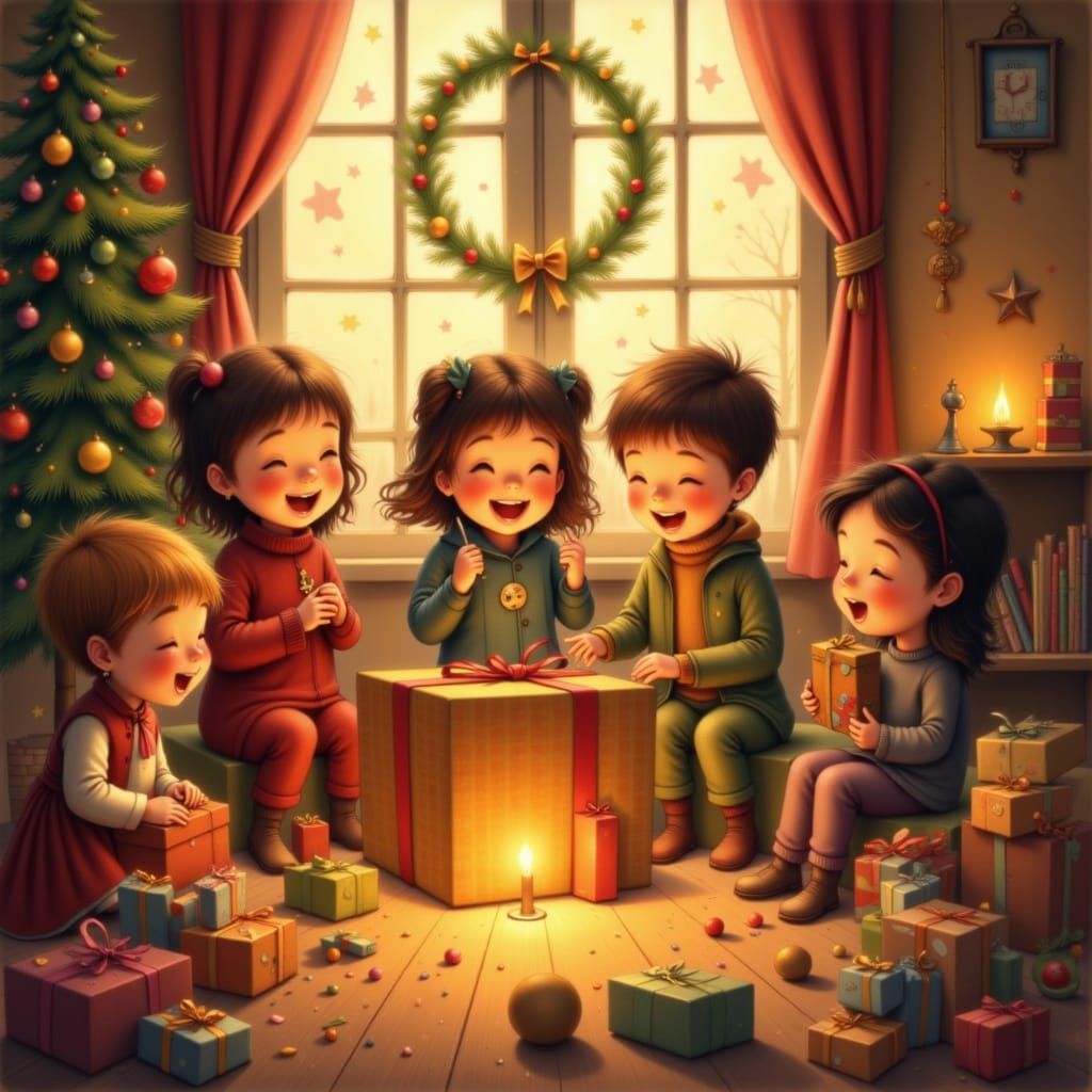<lora:Storybook Christmas:1.0> Christmas morning with children laughing as they open presents