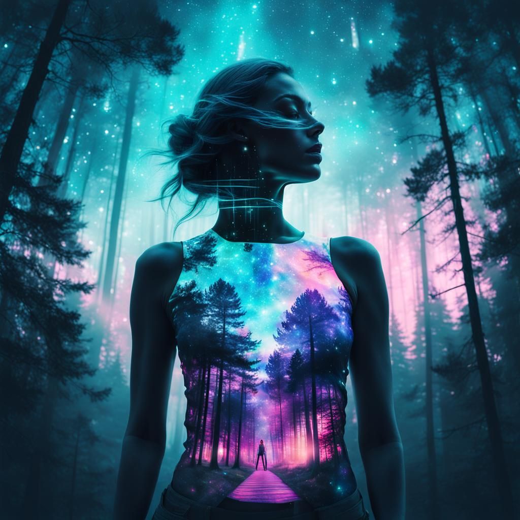 Forest Cyber Neon City Dreaming girl soft stomach show body. Double exposure combine body and galaxy, ...  by @OdaNezz