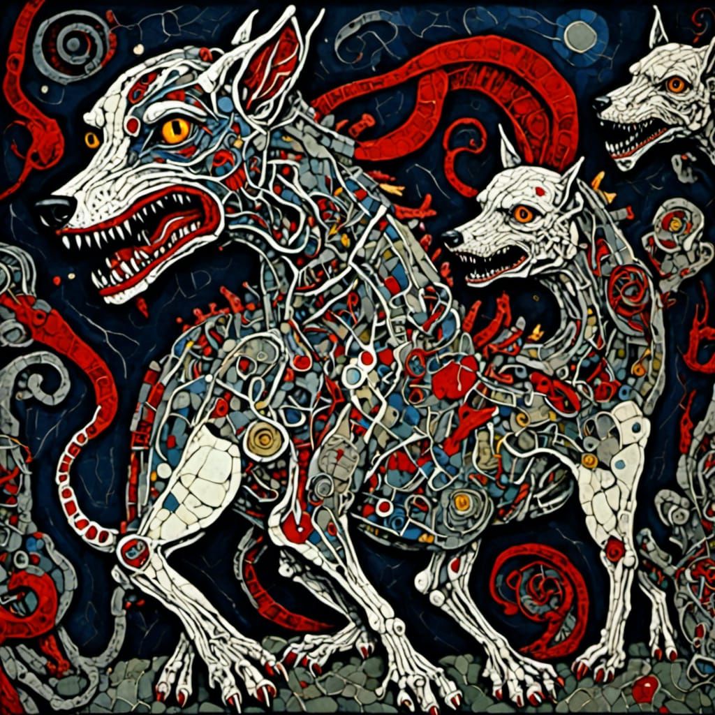 <lora:Hellhound Howl:1.0>Greek mythology, Cerberus, a three-...