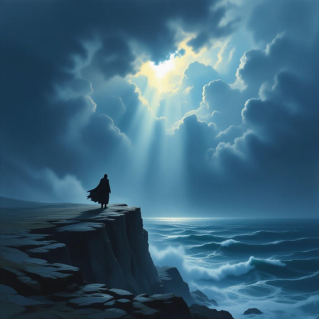 Lone Figure Braves Stormy Sea on Cliff