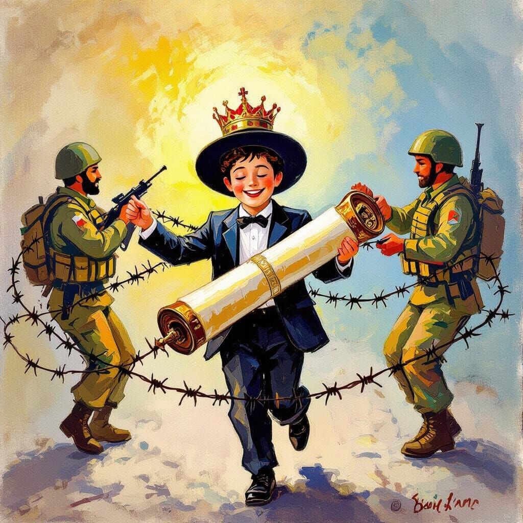Joyful Yeshiva Boy Dances With Torah Amidst Soldiers and Bar...