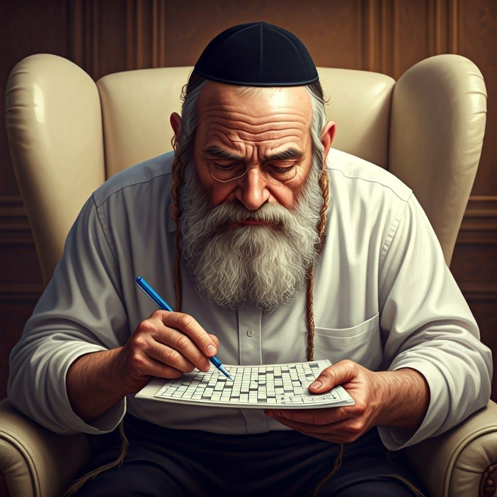 Orthodox Jewish Man Solving Crossword Puzzle as Matte Painti...