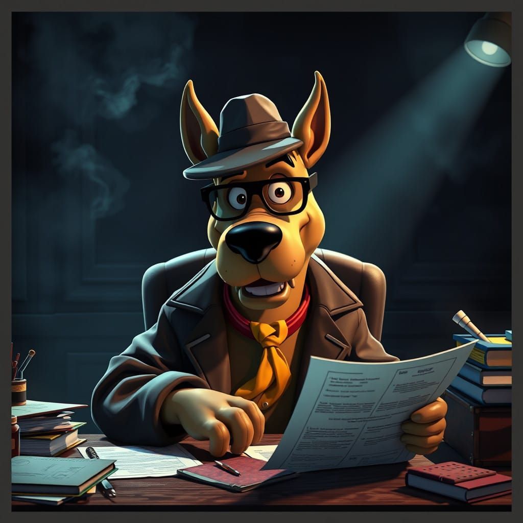 A scooby doo dog, detective solving a mystery in a noir-inspired office, paw on the case  by @akagra jain