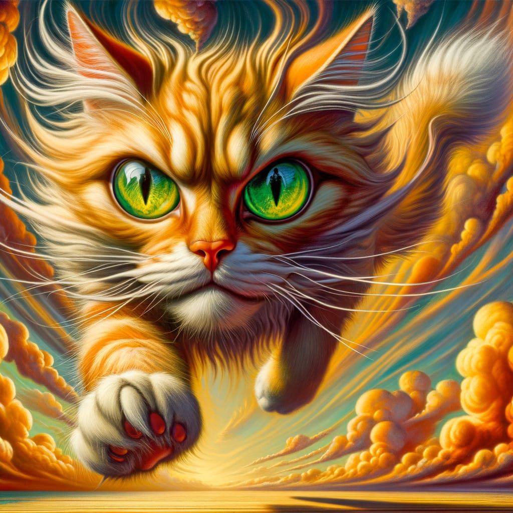 an angry ginger cat jumps into your face. Hair on end, eyes glowing with a green gleam. Salvador Dali ...  by @Tatiana Kolganova