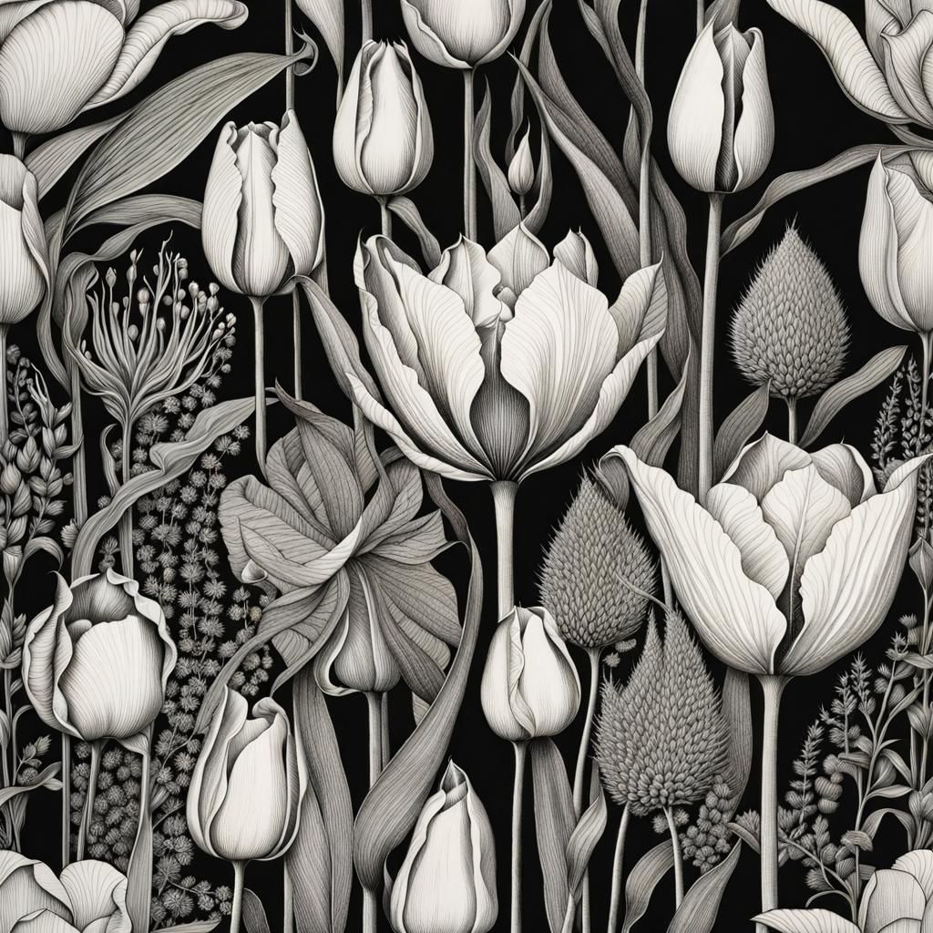 Insanely detailed pen and ink botanical drawing, precise and...