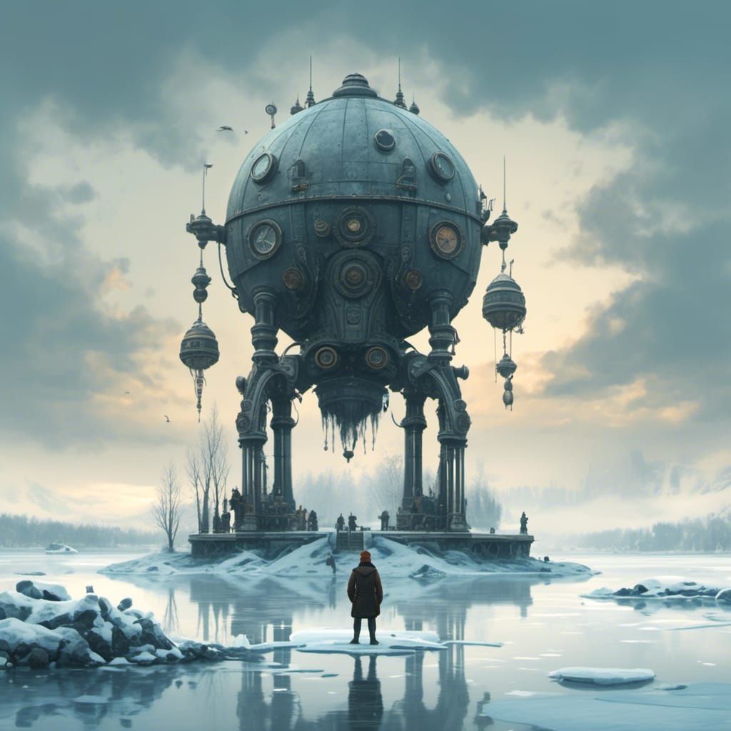  <lora:Contemporary-SP:1.0> A lone figure standing by a frozen lake under a pale winter sky