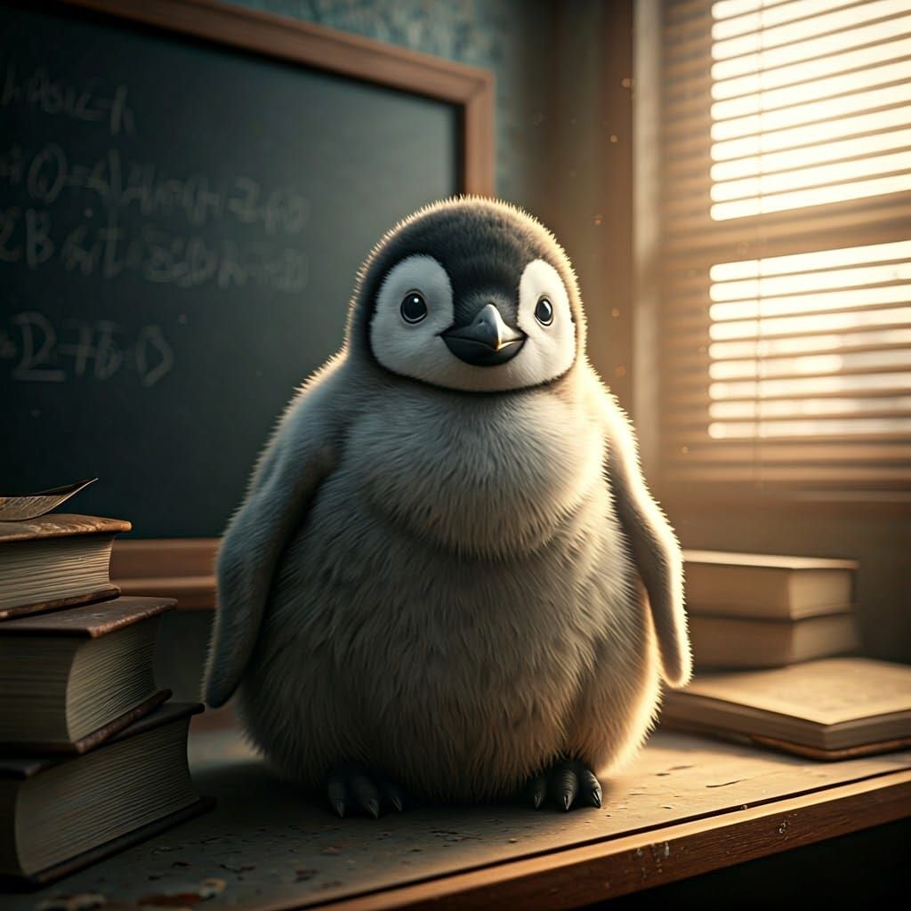 Whimsical Baby Penguin in Forgotten Schoolroom
