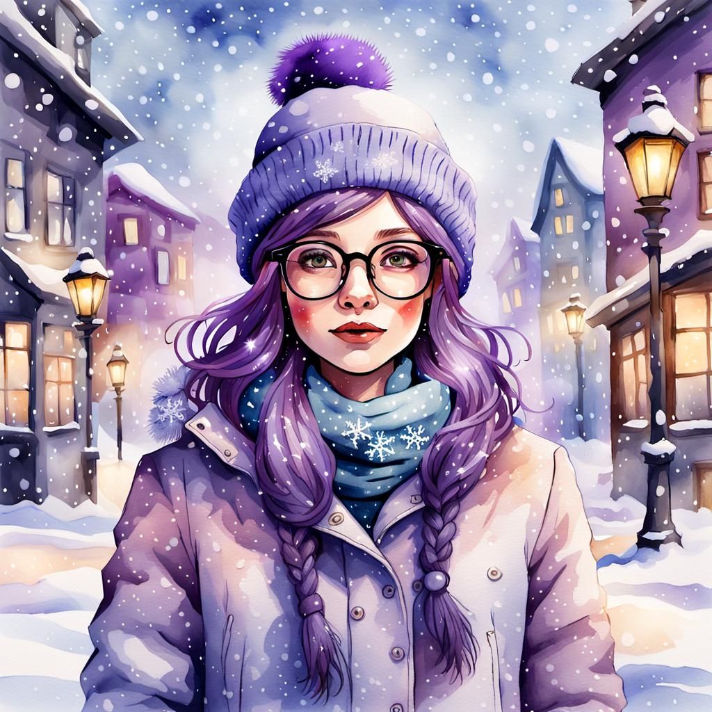 Watercolor Portrait of Woman in Snowy Scene