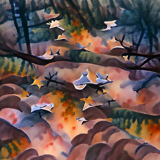 Flock of doves flying over an autumnal forest at dawn waterc...