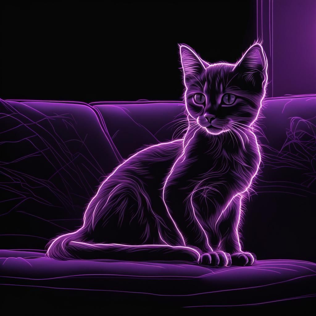 a thin bright glowing neon purple line drawing of a kitten sitting on a couch dark black background extremely ...  by @ByToi